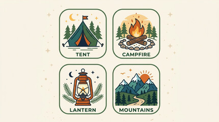 Vector icons of summer camping elements including tent campfire lantern and mountains © Waqas