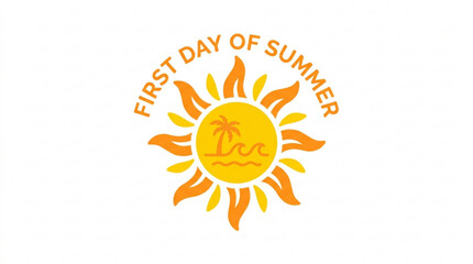 Vibrant orange sun icon with palm tree design and first day of summer text on white background © Waqas
