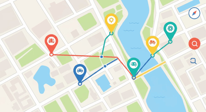A map displays a route with multiple colored lines and markers across a city with a river.