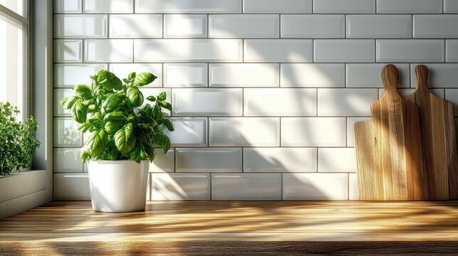 Sunlit kitchen counter with potted basil, two wooden cutting boards, white subway tile backsplash and warm morning shadows, fresh inviting atmosphere