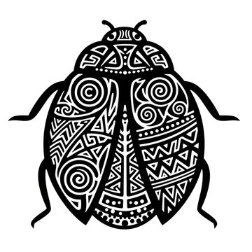 Tribal Art Inspired Ladybug Silhouette with Zentangle Mandala Patterns Black and White Decorative Insect Illustration for Tattoo and Print Design