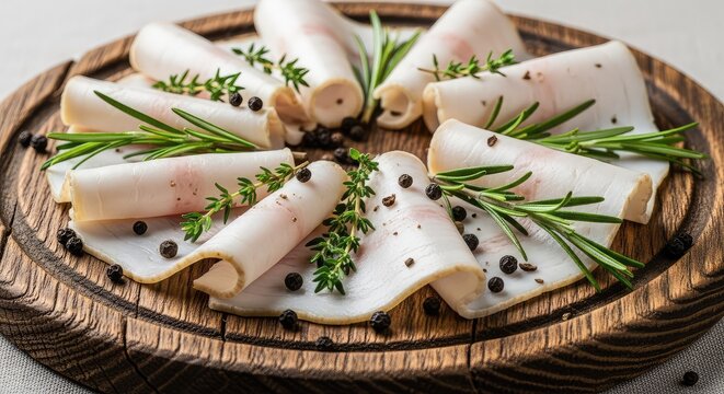 Elegant arrangement of delicate, translucent lard slices resting on a rustic wooden platter, accented with fresh herbs and peppercorns, food, pork, fatty