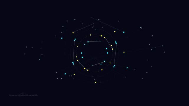 Abstract digital network nodes connecting in a rotating circular interface
