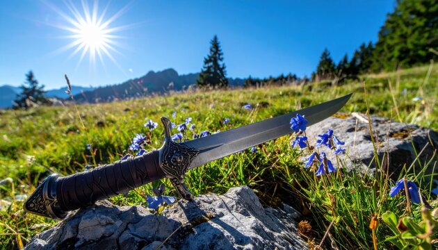 Ancient forged steel dagger with a leather wrapped hilt and ornate pommel lies on a rock in a sunny alpine meadow, cinematic widescreen landscape of a fantasy weapon in a mountain setting.