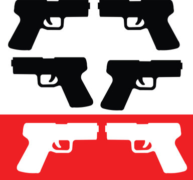 Handgun silhouette vector set, black and white pistol icons on red background, firearm weapon collection for security and law enforcement graphics