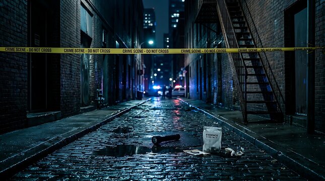 Crime scene in a dark wet urban alley at night with yellow police tape and forensic evidence bags under cinematic lighting