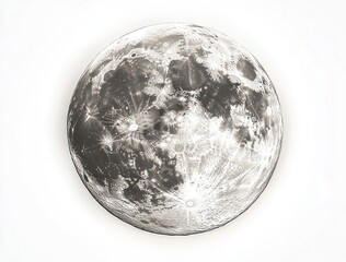 Naklejka premium detailed full moon with cratered surface and bright impact rays isolated on a pale background, high-contrast monochrome orb evoking quiet awe and mystery