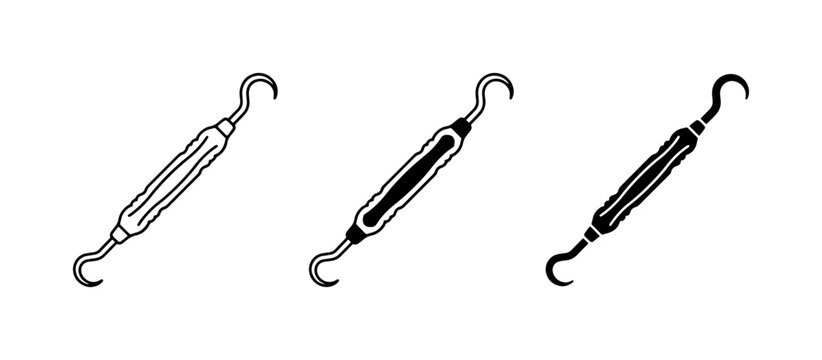 Turnbuckle Icons Set, Metal Hook Fastener, Industrial Hardware Vector Graphics
