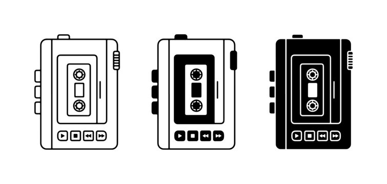 Retro Cassette Player Icons, Vintage Walkman Vector Set, Portable Audio Devices