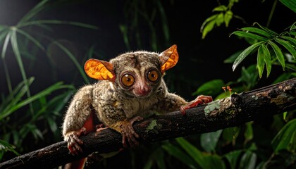 Fototapeta premium Nocturnal Aye Aye lemur with large glowing eyes and skeletal fingers perched on a mossy branch in a dark jungle, cinematic wildlife photography captured in a widescreen landscape orientation.