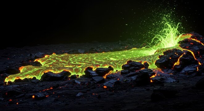 Intense toxic green molten substance erupting through dark, jagged coal texture. Hazardous volcanic flow pattern, molten, luminous, dangerous