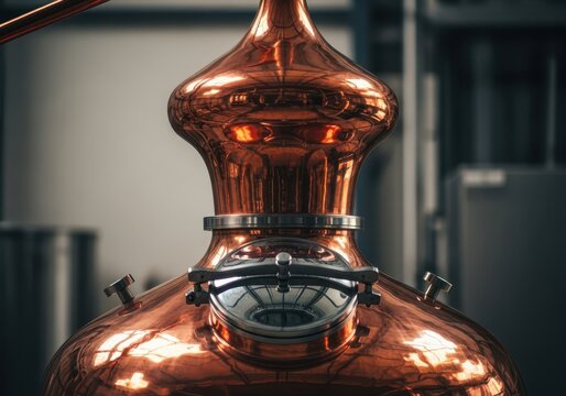 Large polished copper pot stills used for distilling high-quality spirits in a traditional industrial setting, beverage, still, spirit