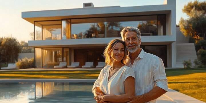 Affectionate older couple embracing by a pool in front of a modern two-story house at sunset, relaxed and content