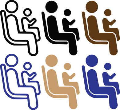 Minimalist priority seating icons, parent and child passenger symbols, public transport accessibility vector set in multiple colors