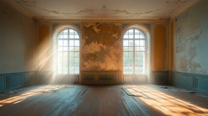 Fototapeta premium sunlit abandoned room with two arched windows, peeling plaster, ornate molding and worn wooden floor, evoking quiet melancholy and nostalgic calm