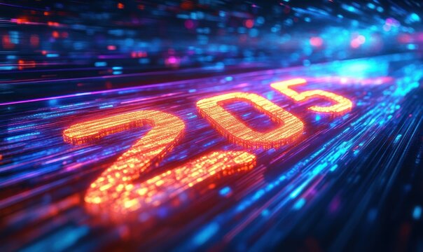 Glowing orange '205' digits streak through neon blue and purple light trails, dynamic futuristic motion evoking speed, energy, and high-tech digital momentum