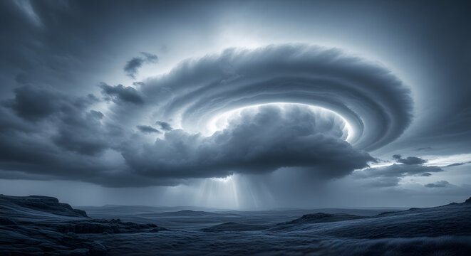 Dramatic supercell thunderstorm forming over rural landscape at dusk