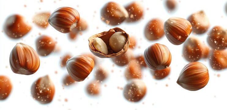 Floating hazelnuts and an opened shell revealing two creamy kernels against a bright white background, playful and fresh