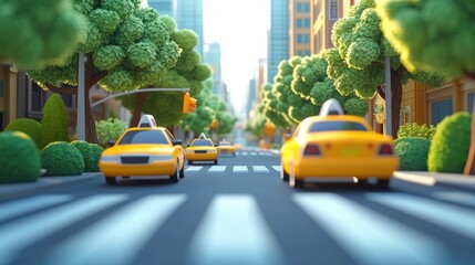 Obraz premium sunny tree-lined city street with yellow taxis crossing a zebra crosswalk under traffic lights, cheerful vibrant urban morning with skyscrapers and blurred depth of field