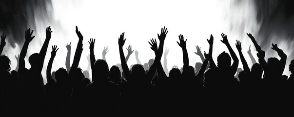 Obraz premium Backlit silhouetted crowd with raised hands and stage smoke under bright lights, cheering in energetic celebration and unity