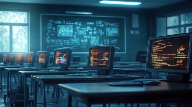 empty computer lab with rows of monitors displaying code, chalkboard diagrams and windows, bathed in soft blue light conveying a quiet focused and contemplative atmosphere