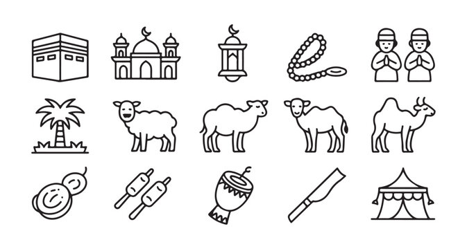 Set of eid al adha icons in thin line style featuring kaaba mosque lantern prayer beads people and various animals.