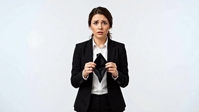 Woman in suit holding empty wallet representing visionary leadership and market dominance