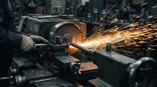 Close up of a metalworking machine grinding steel and producing bright orange sparks.