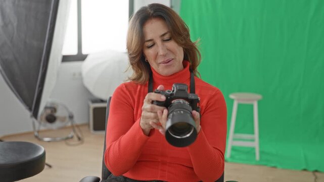 Woman photographer inspects camera lens with hands, squinting and adjusting focus in studio; concentration craft.