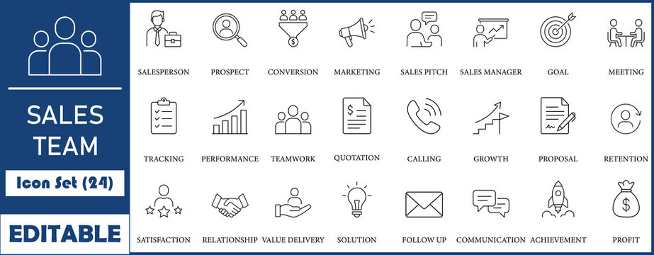 Sales team icon set. Containing Sales department, salesperson, prospect, conversion, sales report, marketing, funnel, lead generation, sales pitch and more. Solid vector icons collection.