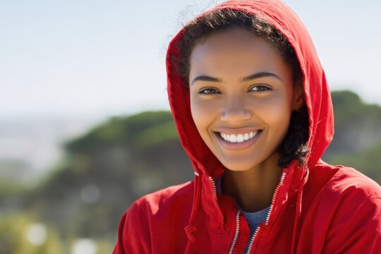Smiling female african young closeup red hooded jacket portrait with bright teeth and blurred coastal background