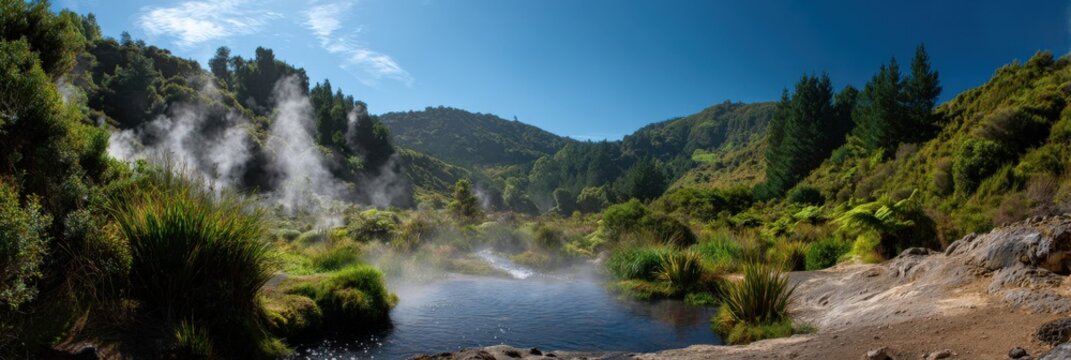 Geothermal spring valley steam forest lake mountains with misty thermal pools lush greenery under clear blue sky panoramic wilderness scene