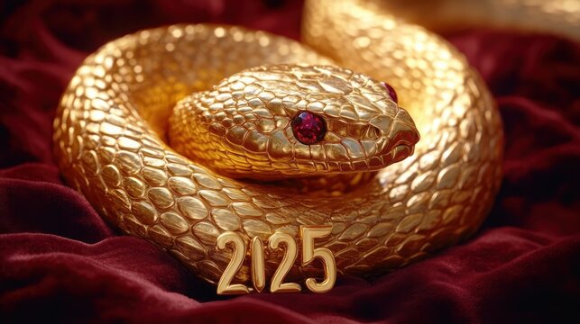 Coiled golden snake with ruby eyes resting on red velvet beside gleaming gold numerals 2125, evoking opulent regal luxury