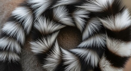Fototapeta premium Close-up of a ring-tailed lemur's distinctive striped tail curled in a circle.