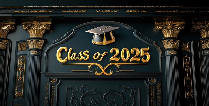 elegant dark teal and gold plaque reading class of 2025 with mortarboard cap above, surrounded by gilded classical columns and ornate decorative molding, celebratory academic atmosphere