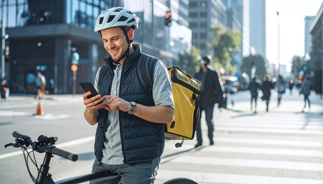 A smiling courier with a bicycle and yellow backpack uses a smartphone on a busy city street. Highlighting modern logistics, fast service, and the gig economy in an urban setting.
