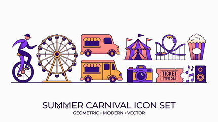 Modern Summer Carnival Icon Set with Ferris Wheel, Roller Coaster, and Circus Tent - Geometric Vector Illustration for Festivals and Amusement Parks © Desti