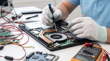 Naklejka premium Skilled technician hands in white gloves repairing laptop fan and cooling system
