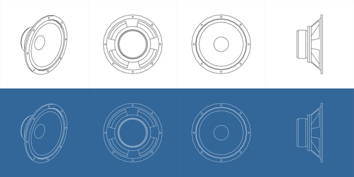 Audio Speaker Driver Multi-View Set with Isometric and Orthographic Technical Drawing Blueprint