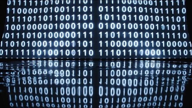 Digital stream of binary code reflecting on water surface, technology concept