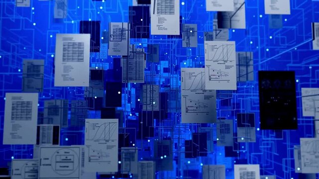 abstract blue background with cubes and notes hanging