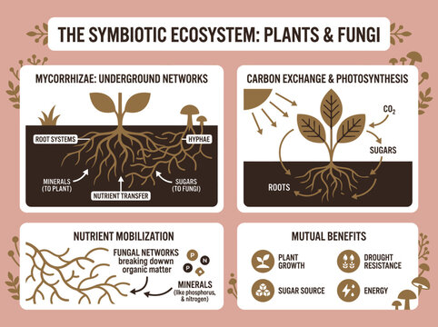 Mycorrhizae Symbiosis Infographic: Plant and Fungi Underground Networks, Carbon Exchange, Photosynthesis, and Nutrient Mobilization in Soil Ecosystem
