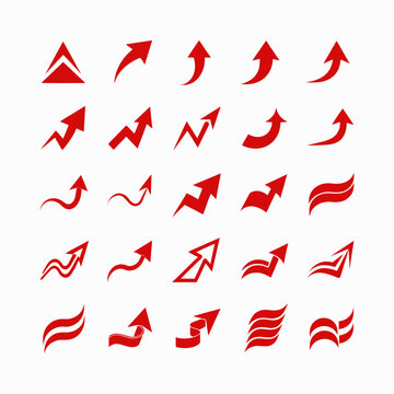 Collection of red growth arrow icons in eps format showing various upward movements and zig zag paths for business progress financial charts and success visualization.