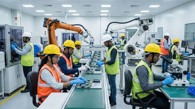 Diverse factory workers on lean manufacturing assembly line with robotic assistance