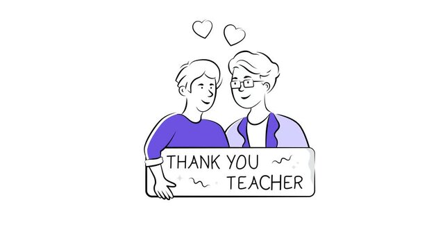 Students thanking teacher with appreciation sign, modern hand drawn animated illustration