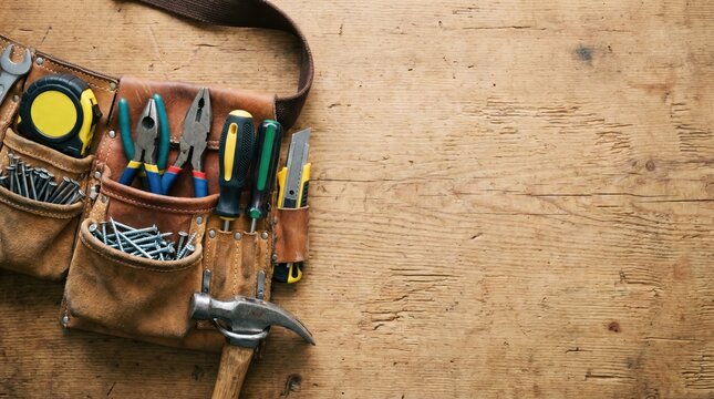 Top view of a leather tool belt filled with various hand tools on a wooden background.
