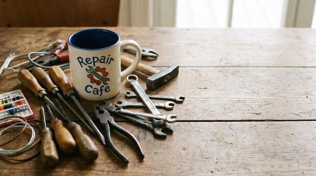 Coffee mug with 'Repair Cafe' logo next to hand tools and electronic parts on a wooden table.