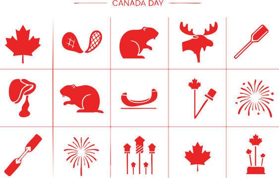Canada Day Icon Set Featuring Traditional Canadian Symbols such as Maple Leaf, Beaver, Moose, Fireworks, and Hockey Elements in Red Flat Design Style