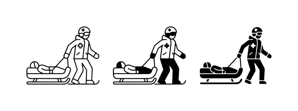 Winter Rescue, Sled Evacuation, Medical Aid, Emergency Transport, Snow Sports Safety Icons
