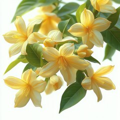 Fototapeta premium cluster of soft yellow star-shaped blossoms with glossy green leaves and buds, delicate petals and serene bright lighting evoking a calm cheerful mood